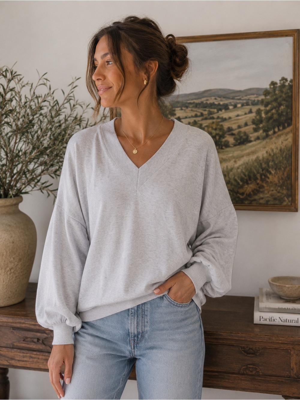 Nude Pearl Grey V-Neck Balloon Sleeve Sweater Size 44 Cotton